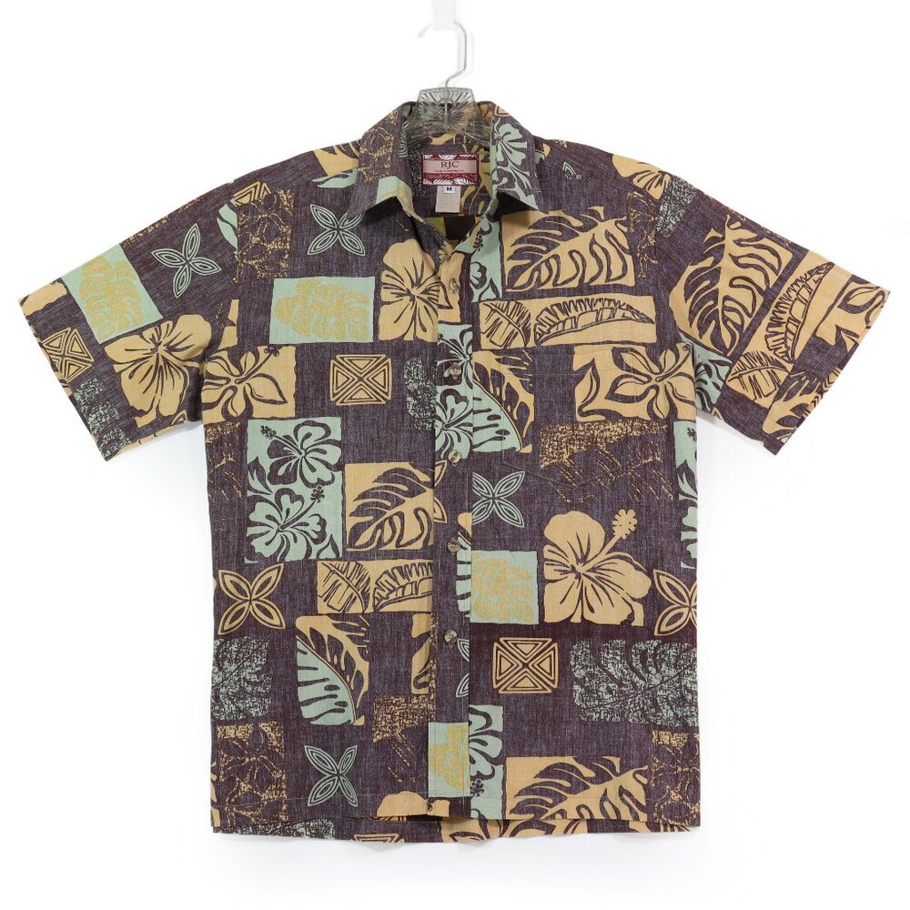 RJC Men's Aloha Shirt Reverse Print Bold Hawaiian Leaf Brown & Tan Cotton Medium